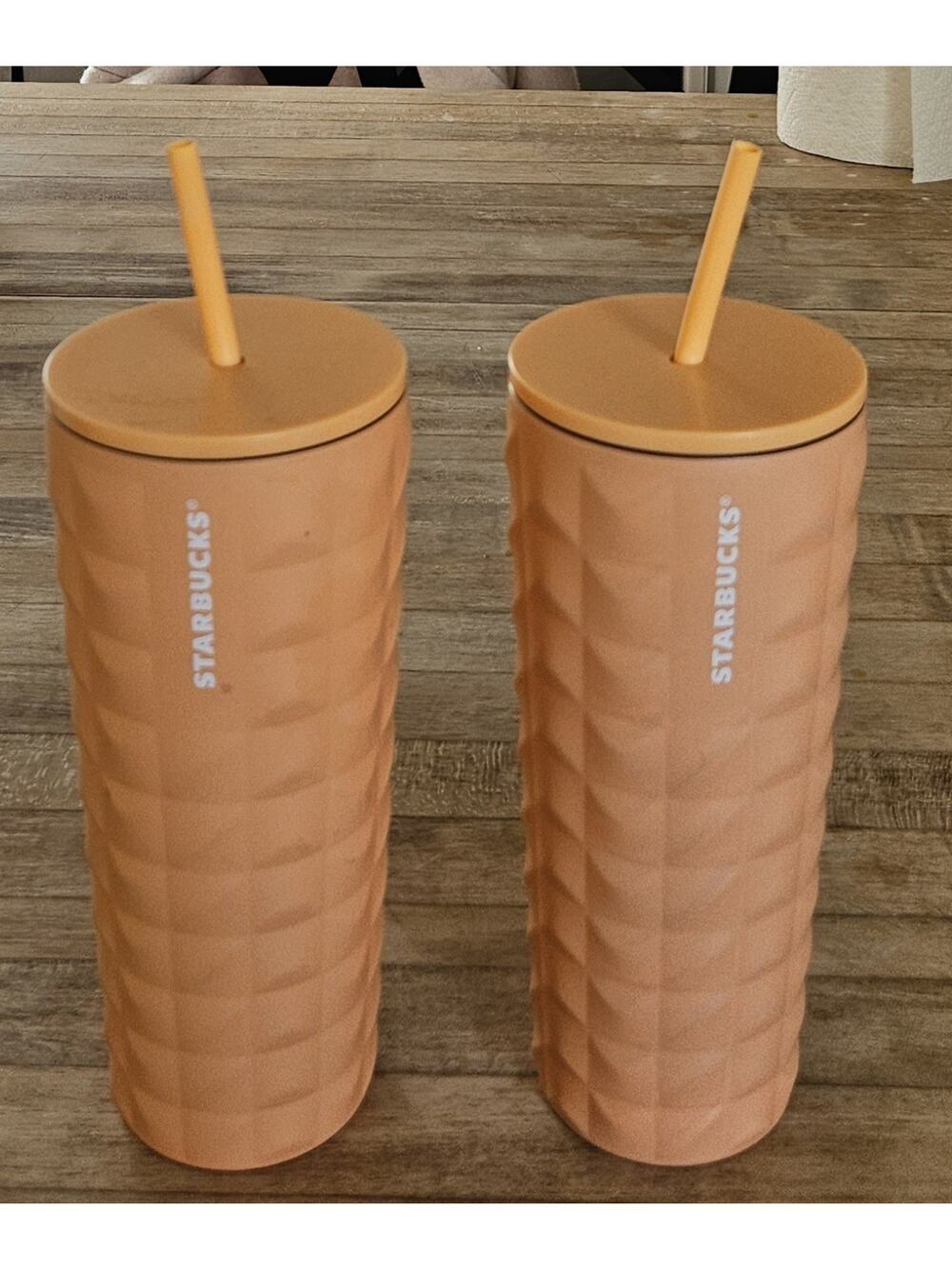 Pair Of 2 Starbucks 24 Oz Venti Tumblers Cup Peach Color Soft Touch, New, READ